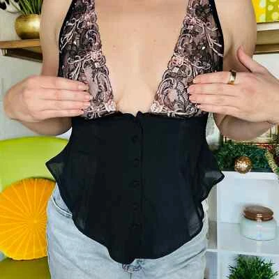 Blusa chemise preta rosa La Perla floral renda bralette bustier nova com etiquetas MSRP 555 - Imagem 1 de 4