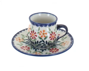 Taza y platillo de café espresso ramo de jardín de cerámica polaca rosa azul - Imagen 1 de 1