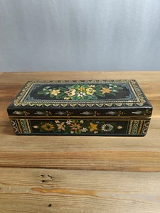 Hand Painted Vtg Mexican Rectangle Wooden Box w Hinged Lid Black Colorful Floral - Picture 1 of 18