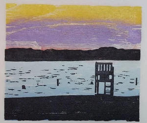 Midway Beach Sunset original multi color woodcut print - Picture 1 of 1