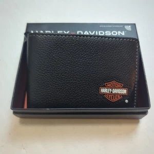 New Harley Davidson Men's Wallet Bi-fold 100% Leather Logo RFID Snap Black 8.5x3 - Picture 1 of 14