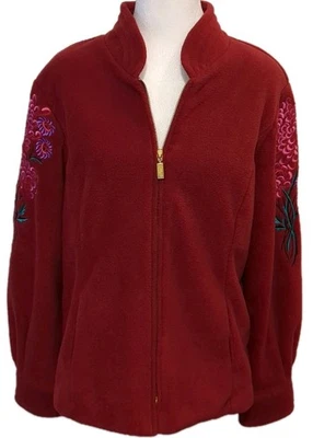 VTG Bob Mackie Wearable Art Floral Embroidery Fleece Jacket Women M Red Pockets - Image 1 of 4