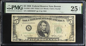 $5 FR 1961-AWi*  1950 Boston Federal Reserve Star Note. PMG 40 Wide 1 Back  - Picture 1 of 2