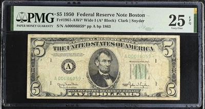 $5 FR 1961-AWi*  1950 Boston Federal Reserve Star Note. PMG 40 Wide 1 Back  - Image 1 of 2