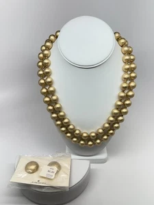 NOS Vtg Crown Trifari gold Beads Necklace 2 strand Clip earrings set w tags - Picture 1 of 5