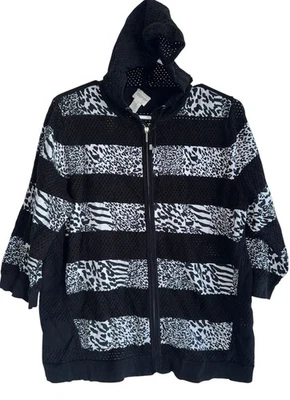 Zenergy By Chicos  Hoodie Striped Animal Print Womens 2 Sz L Full Zip 3/4 Sleeve - Image 1 of 4