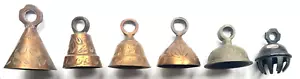 VINTAGE LOT OF SIX MINIATURE ENGRAVED BRASS HAND BELLS APPROX. 2” - 2 1/2" TALL - Picture 1 of 6