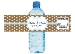 Kraft Paper & Baby Blue Glitter Dots Wedding Anniversary Water Bottle Labels - Picture 1 of 5
