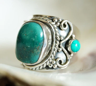 Handarbeit Ring Silber Türkis 55 59 60 Silberring Antik Verspielt Bandring Breit - Bild 1 von 4