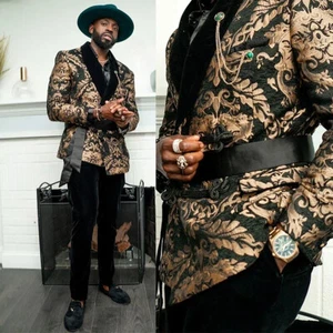 Paisley Plaid Business Men Jacket Regular Fit Formal Single Breasted with Belt - Picture 1 of 20