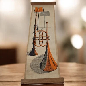 Mid Century Modern Silkscreen Scroll Tapestry Instrument On Linen MCM Horn *READ - Picture 1 of 15