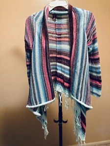 Girls Woven Cardigan Sweater Size 14 Striped Design- Fringe- Perfect Condition - Picture 1 of 1