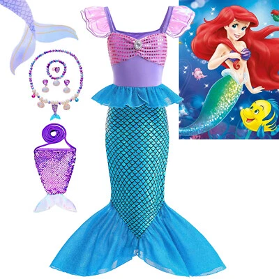 Girls Princess Costume Mermaid Ariel Cosplay Fancy Dress up Kids Birthday Gifts - Image 1 of 4