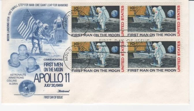 USA # #C76-156  - FDC 1st Moon Landing-Fleetwood blue cachet- Blk 4 franking - Image 1 of 1