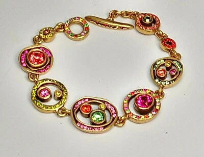 Patricia Locke Gold Plate 8" Bracelet Round Trip Hibiscus Swarovski Crystal NWOT - Image 1 of 4