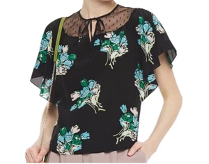 RED VALENTINO Point d'esprit-paneled floral-print silk crepe de chine top - Picture 1 of 4