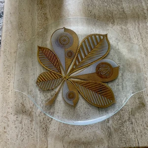 MCM George Briard Chestnut Leaf Gold Tray Glass Metal LARGE 16" Atomic Barware - Picture 1 of 5