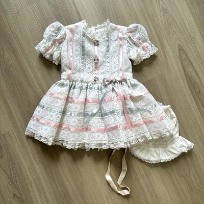 Vintage Frilly Fussy Bright Ivory Lace Ribbon Pageant Full Circle Baby Dress Hat - Image 1 of 4