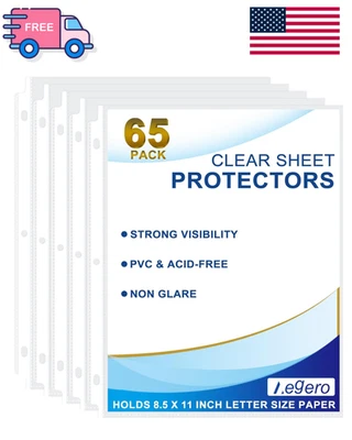 BRANDED 65 Pack Clear Sheet Protectors, 8.5 x 11 inch Page Protectors for 3 Ring Binder,