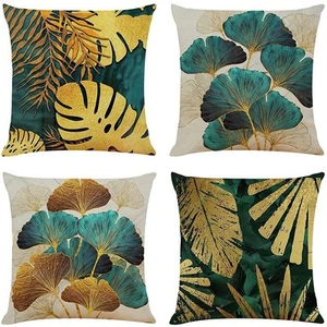 Square Throw Pillow Covers Pack of 4 Green and Gold Leaves Cushion Covers7473 - Picture 1 of 6