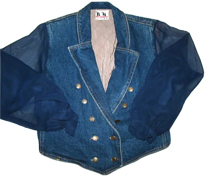 VINTAGE - R & M - DENIM JEAN JACKET  QUILTED LINING - SHEER CHIFFON SLEEVES - 44 - Image 1 of 3