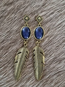 Gorgeous Boho Gold And Blue Feathered Dangle Drop Earrings - Picture 1 of 2