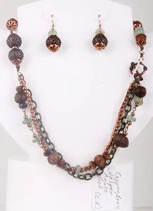 FASHION COPPER AGATE BRASS JASPER WOOD MULTI STRAND NECKLACE EARRINGS SET 5648B - Picture 1 of 2