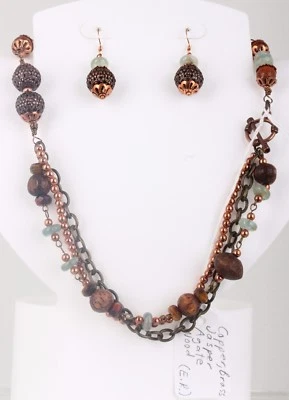 JUEGO DE PENDIENTES COLLAR MULTI HEBRA MADERA JASPE LATÓN ÁGATA COBRE MODA 5648B Foto 1 de 2