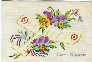 WWI Handpainted French postcard Aircraft Flowers Flags 'Sweet Kisses' 1918 - Picture 1 of 5