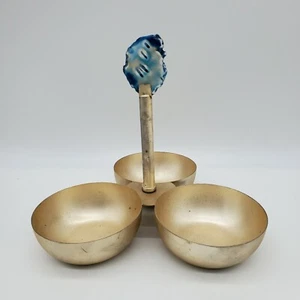 Anthropologie Triple Bowl Server Dish Alloy Metal Blue Agate Stone Boho MCM - Picture 1 of 7