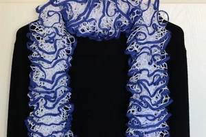 Handmade Knitted Ruffle Scarf Premier Starbella Stripes Blue/White - Picture 1 of 8