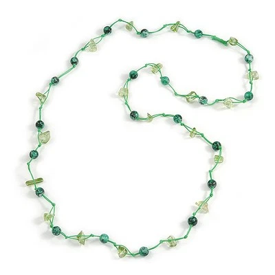 Delicate Ceramic Bead and Glass Nugget Cord Long Necklace In Green - 96cm Long - Image 1 of 4