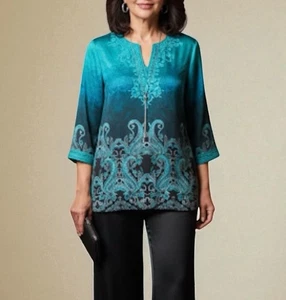 Jones New York Scrolled Teal Green Black Satin Polyester Tunika M - Bild 1 von 10