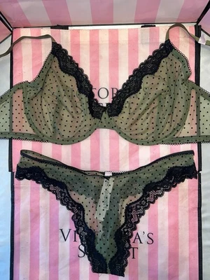 Victoria's Secret Bra Unlined Tease 38C Large Thong Green Polka Dot - Image 1 of 4