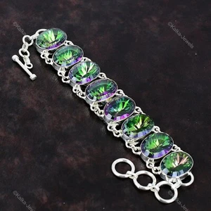 Gift For Women Chain Adjustable Bracelet 925 Silver Natural Rainbow Mystic Topaz - Picture 1 of 6