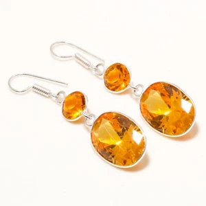 Golden Topaz, Citrine Gemstone 925 Silver Handmade Jewelry Earring 2" - Picture 1 of 4