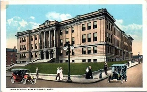 1920s MA Postcard High School New Bedford Mass People Old Cars Street Building - Picture 1 of 2