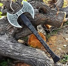 Handcrafted Damascus Steel Double-Headed Axe with Custom Etching, gift for him