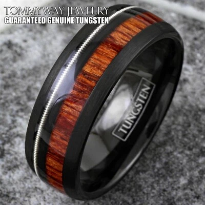 8mm Black Tungsten Carbide Guitar String and Acacia Wood Men's Wedding Band Ring - Image 1 of 4