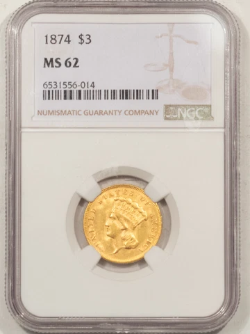 1874 $3 DOLLAR GOLD - NGC MS-62 Cover