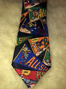 Vintage Looney Tunes Mania Character Cartoon Baseball Mens Neck Tie EUC - Picture 1 of 3