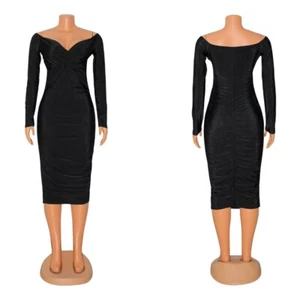 Sexy New Women Long Sleeves V Neck Bodycon Pleated Solid Patchwork Club Dress - Picture 1 of 7