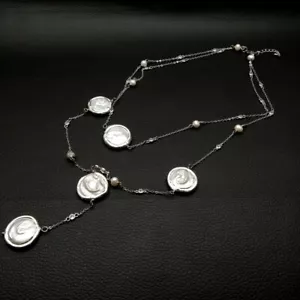 Cultured White Coin Pearl Gold Plated Edge Rosary Chain Necklace Party Jewelry - Picture 1 of 6