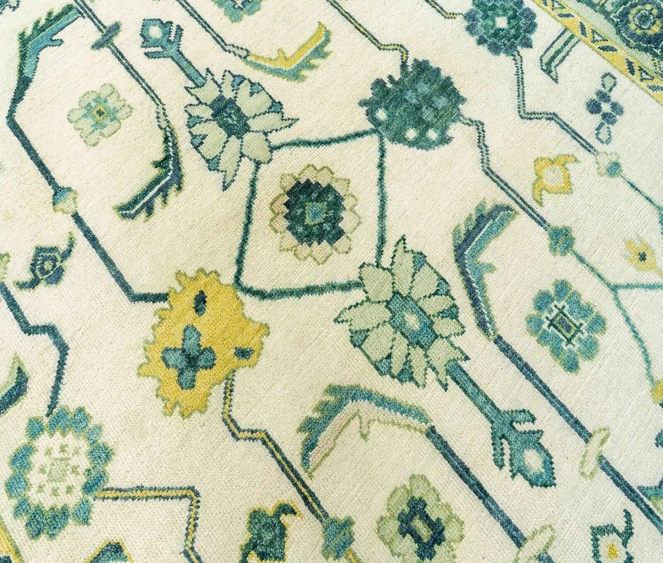 Modern Oushak Hand-Knotted Flora Rug 9x12 Ivory 100% Wool Carpet for Living Room - Image 1 of 4