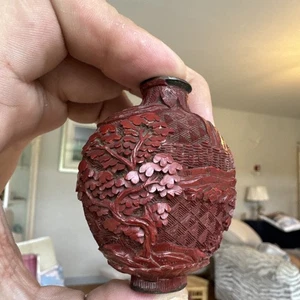 CHINESE 19TH CENTURY CINNABAR LACQUER SNUFF BOTTLE BRONZED - Picture 1 of 10