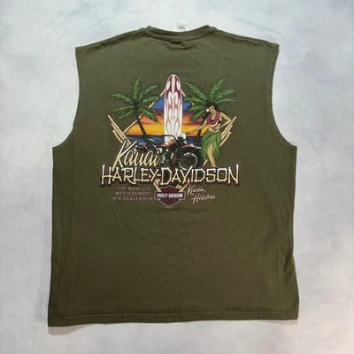 Harley Davidson Kauai Hawaii Tank Top Mens XL Olive Green Biker Surf Made in USA - Image 1 of 4