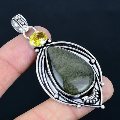 Pendente In Argento Sterling 925 Con Gemma Citrino E Obsidiana Silver Sheen - Immagine 1 di 4