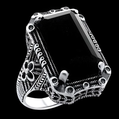 BLACK AGATE EDWARDIAN DESIGN 925 SOLID STERLING SILVER FILIGREE RING     #1307 - Image 1 of 4