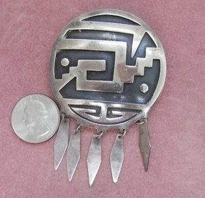 VINTAGE MEXICAN TAXCO BROOCH ROUND WITH 5 DANGLES STERLING - Picture 1 of 5