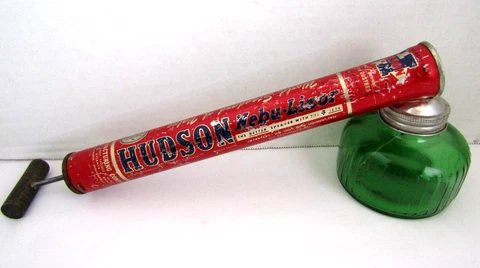 Unique Antique Hudson, Collectible Sprayer Tin w/ Green Glass Hand-Pumped Vtg Cover
